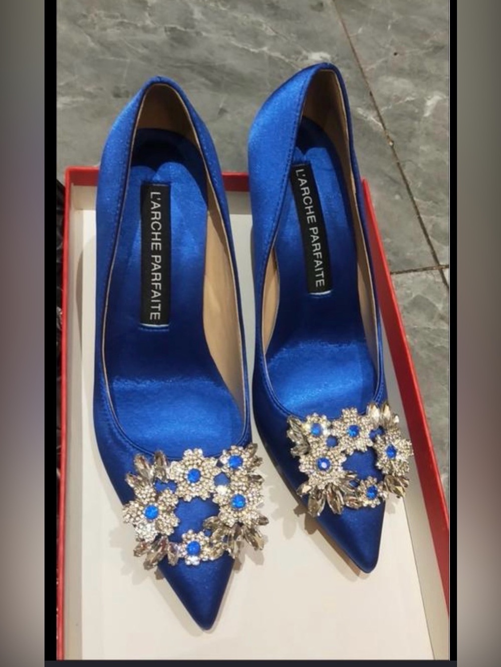 L'Arche Parfaite Royal Blue Satin Pointed Toe Heels with Crystal Floral Buckle
